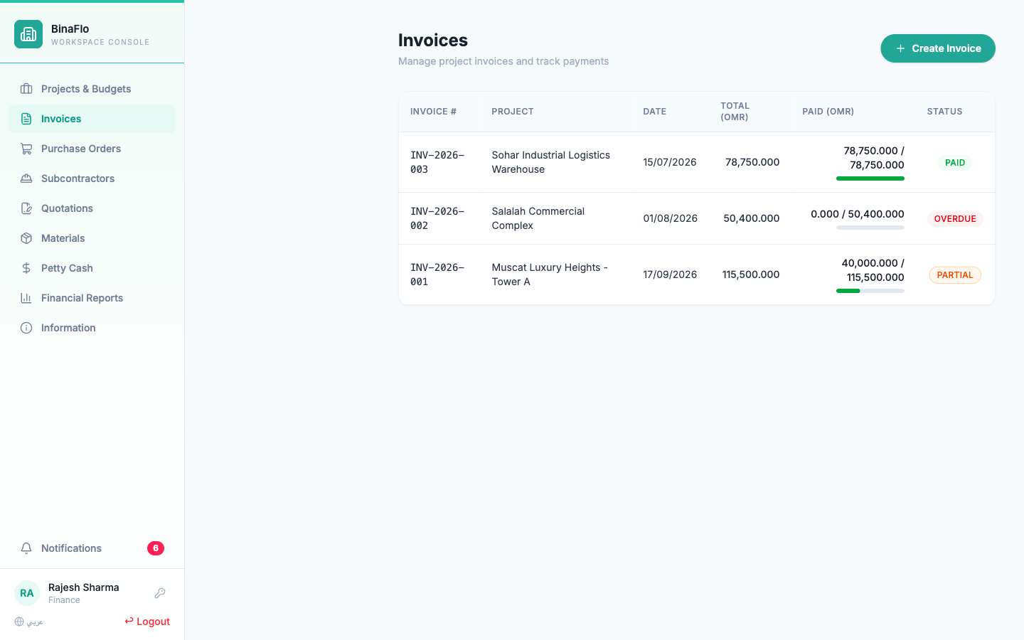BinaFlo Finance & OTA VAT Invoices